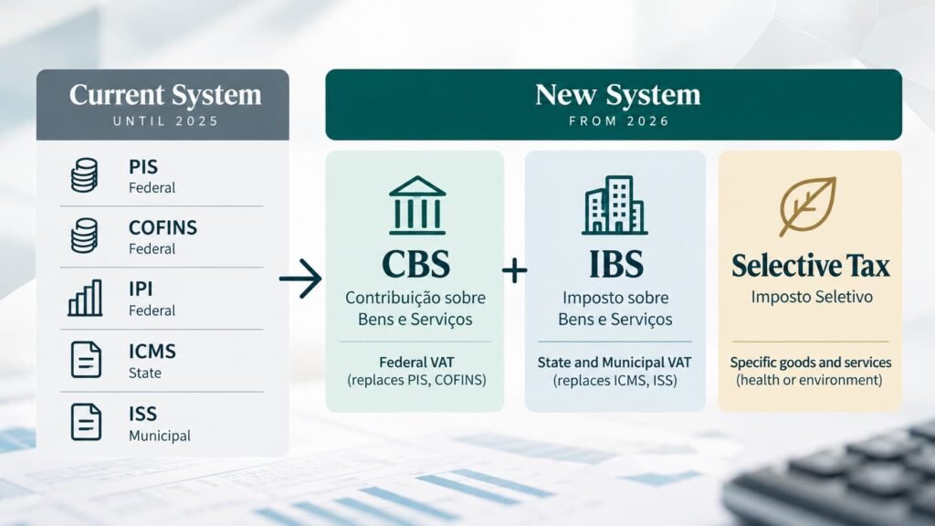 Infographic comparing Brazil’s current consumption taxes (PIS, COFINS, IPI, ICMS and ISS) with the new tax system introduced in 2026, featuring CBS, IBS and the Selective Tax.