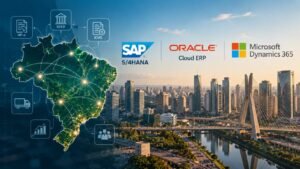 Brazil ERP localization graphic showing a map of Brazil connected to SAP S/4HANA, Oracle Cloud ERP and Microsoft Dynamics 365, with a São Paulo business skyline in the background.