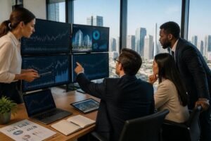 International business team analysing financial market data and currency risk in a modern office in Brazil.
